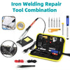 Iron welding repair tool combination kit with soldering iron, multimeter, and five extra tips in a yellow case.