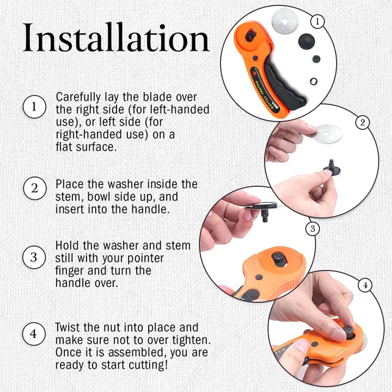Step-by-step instructions showing how to install a rotary cutter sewing kit with blades and accessories.