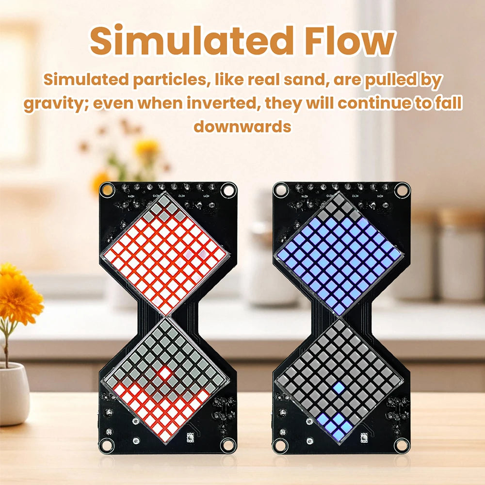Two black LED matrix digital hourglass DIY soldering kits showing simulated flow of particles