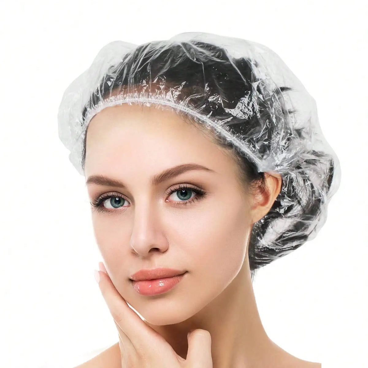 A woman wearing a disposable transparent shower cap for hair protection.