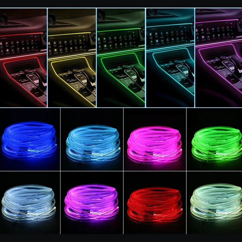 Une collection de rubans LED RGB flexibles et multicolores pour l'éclairage intérieur de voiture.