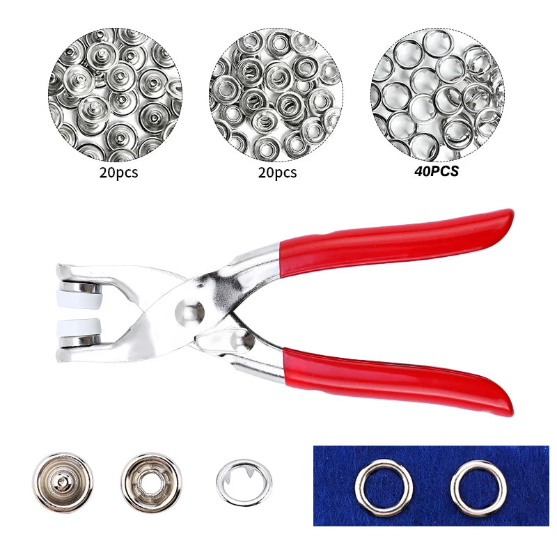 Metal snap fastener kit including pliers tool and various sized fasteners