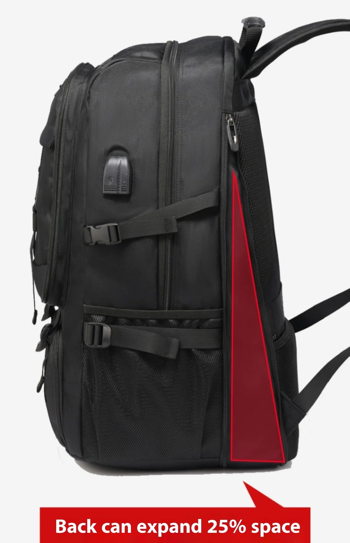 Black travel backpack featuring a shoe compartment and laptop sleeve.