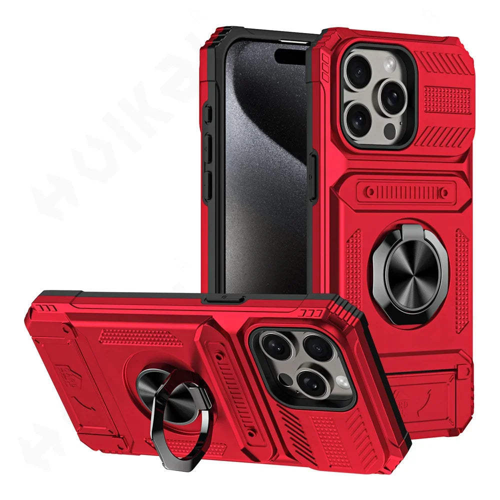 A red protective phone case with a magnetic ring stand is shown in various configurations.