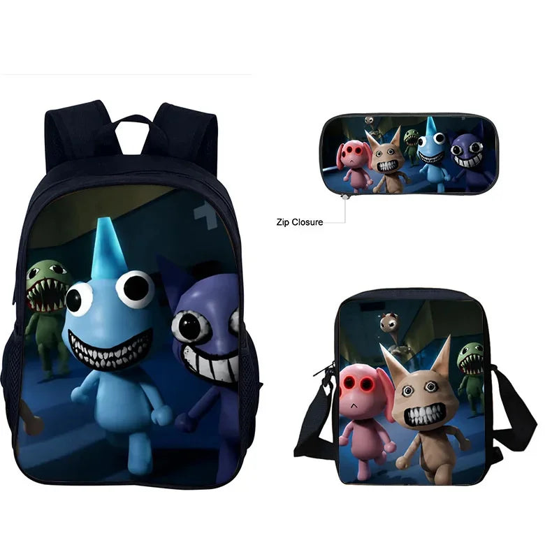 A dark blue backpack featuring various animal characters, including a large blue monster and other creatures.