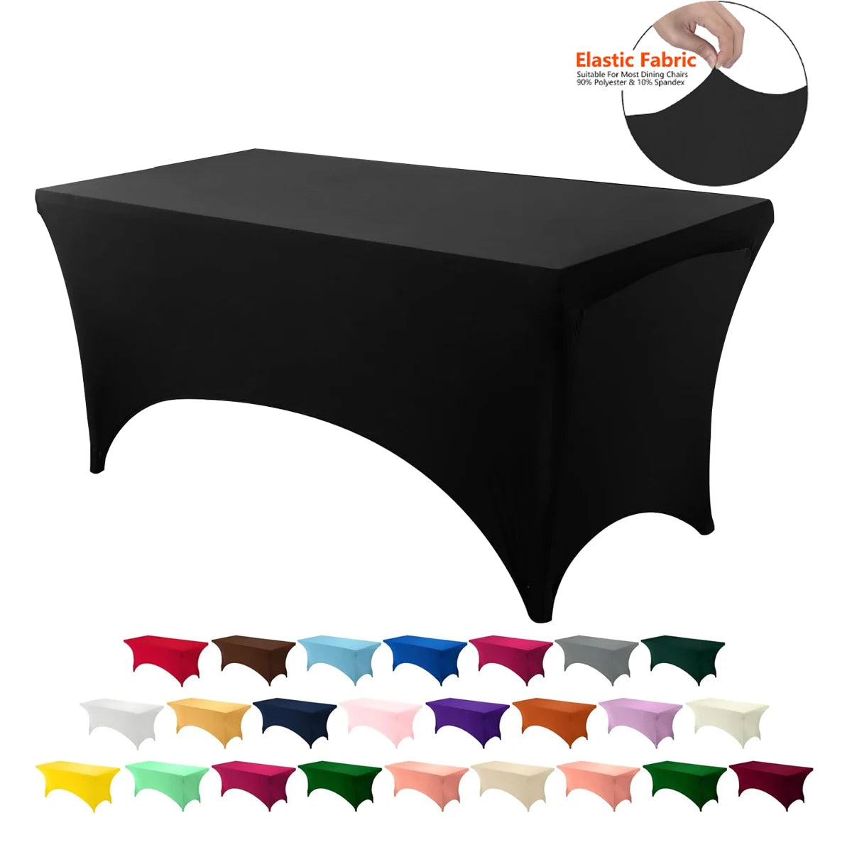 Black stretchable spandex tablecloth for rectangular tables with various colored fabric options