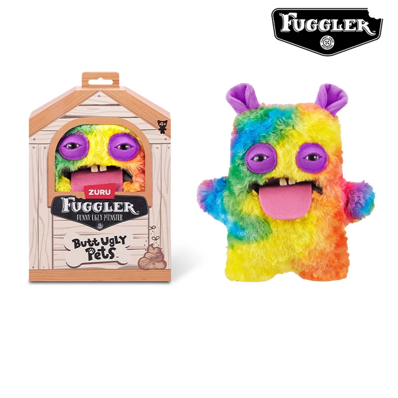 A colorful Fuggler Ugly Monster plush toy with purple eyes and a pink tongue.