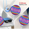 A colorful LED flying spinner toy is shown in various forms, demonstrating a 10-minute battery life.