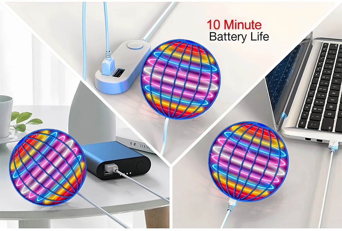 A colorful LED flying spinner toy is shown in various forms, demonstrating a 10-minute battery life.