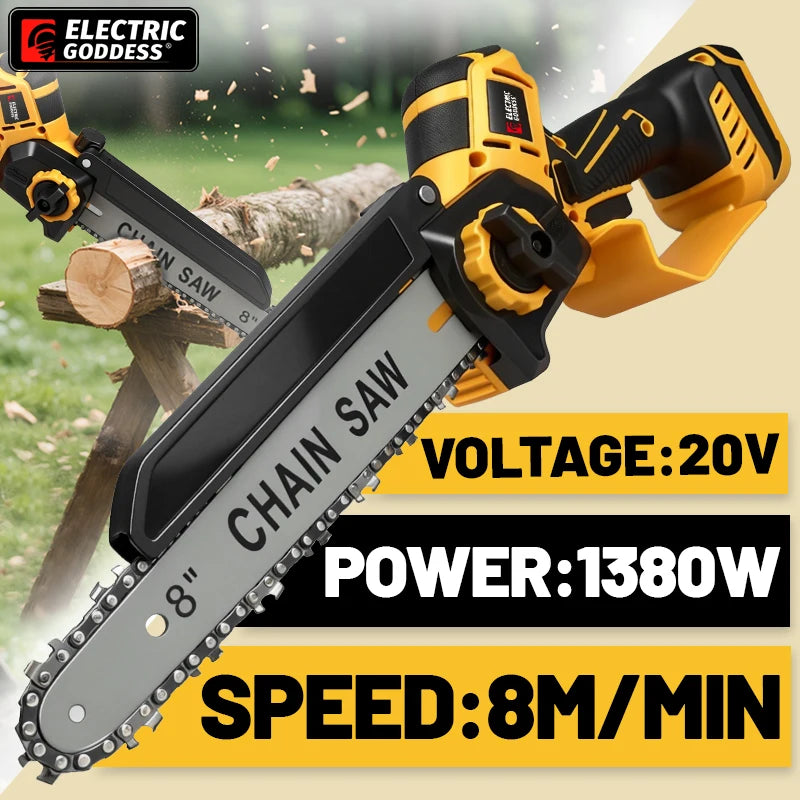 A yellow and black electric cordless chainsaw with a long bar is shown against a blurred green outdoor background.