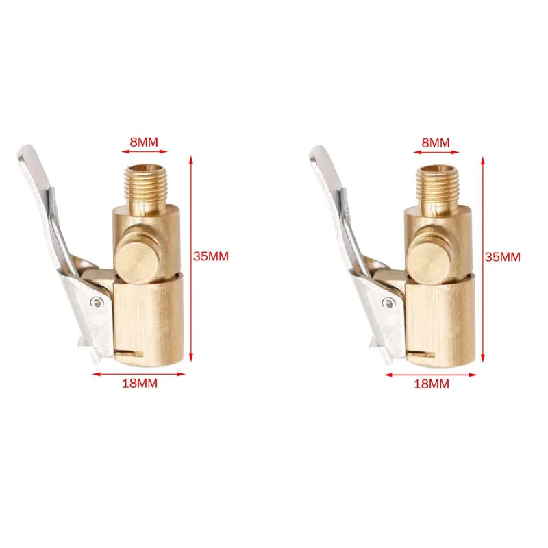 Brass tire inflator chuck with clip-on valve connector shown in a side view.