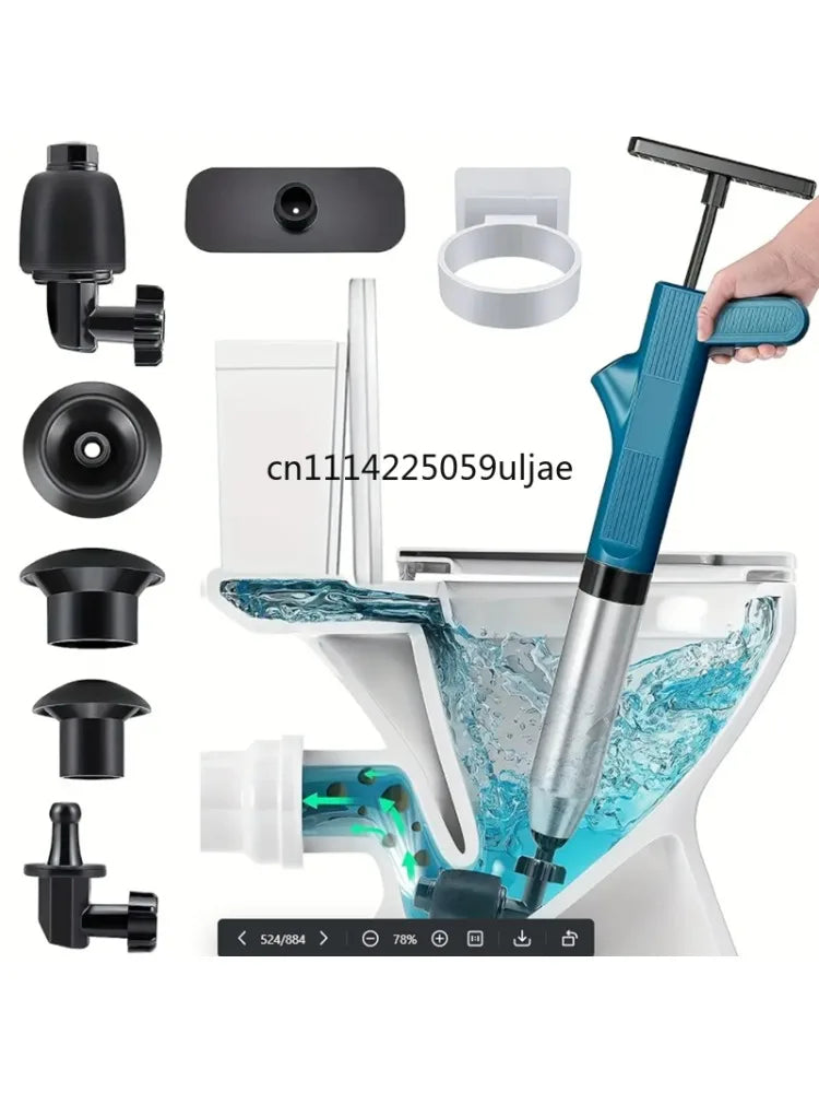 A high-pressure pneumatic drain unblocker with a stainless steel shaft and various related tools is shown next to a toilet.
