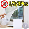 Three self-adhesive mosquito nets are shown in a package, demonstrating the product for window protection.