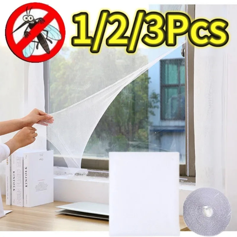Three self-adhesive mosquito nets are shown in a package, demonstrating the product for window protection.
