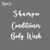 Three refillable bottles of shampoo conditioner and body wash products.
