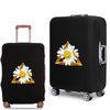 Black suitcase with a yellow daisy print logo on the side