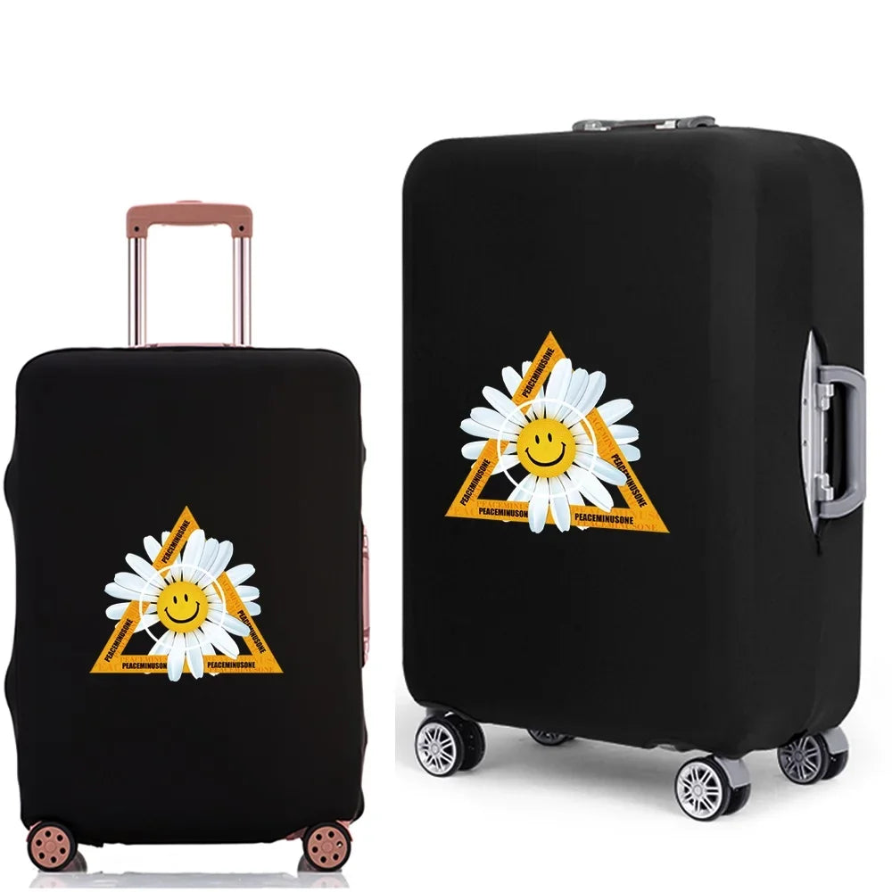 Black suitcase with a yellow daisy print logo on the side