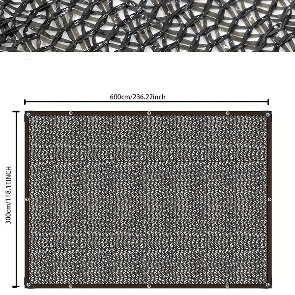 A rectangular black shade cloth with a mesh pattern and reinforced edges, measuring 600cm by 300cm.