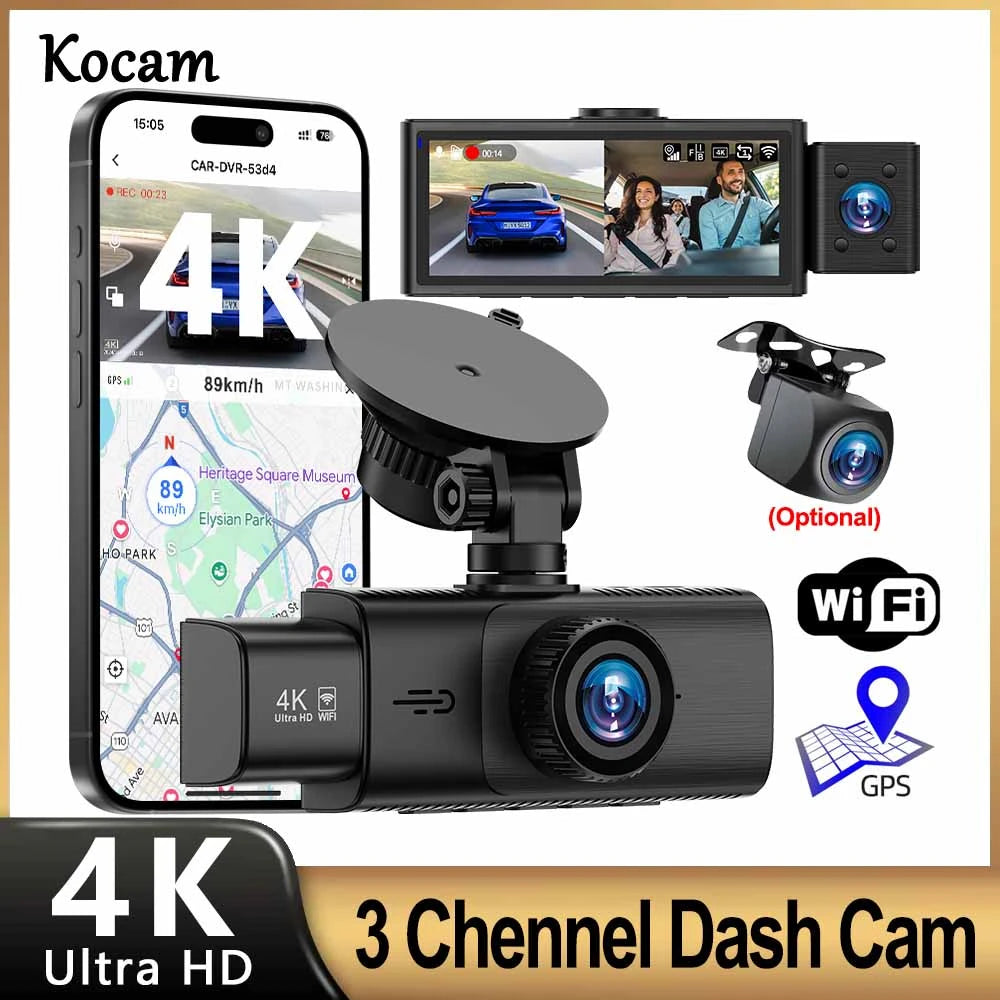A black 3-channel 4K dash cam system showing the main camera, an interior camera view, and a rear camera view.
