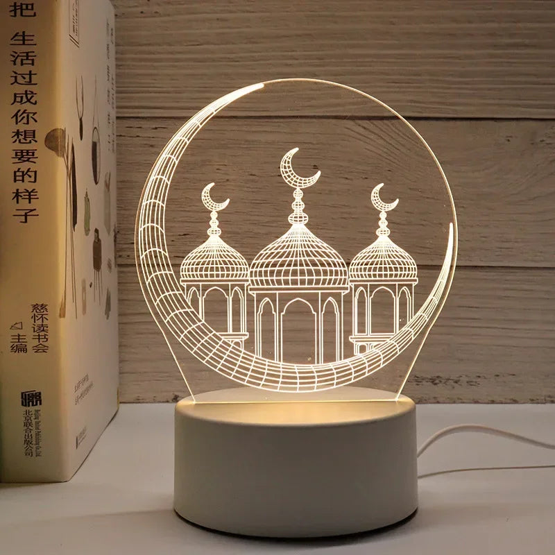 A white acrylic LED night light featuring three dome-shaped crescent moon lanterns on a circular base.
