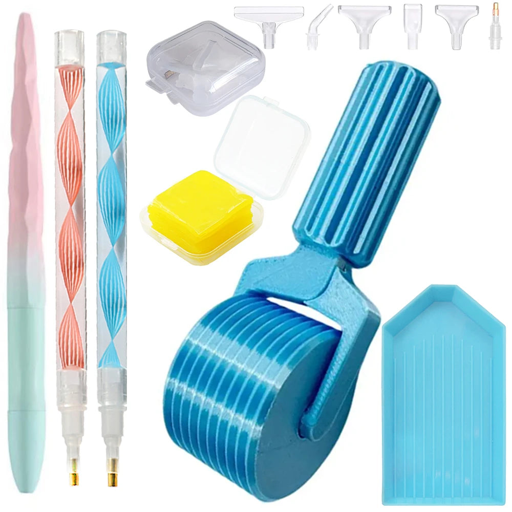 A set of detachable diamond painting roller tools in various colors and shapes, including a blue roller tool.