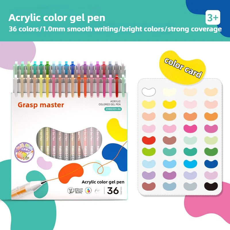 Un set de 36 rotuladores acrílicos de gel de colores con bandeja deslizante mostrando varios colores brillantes.