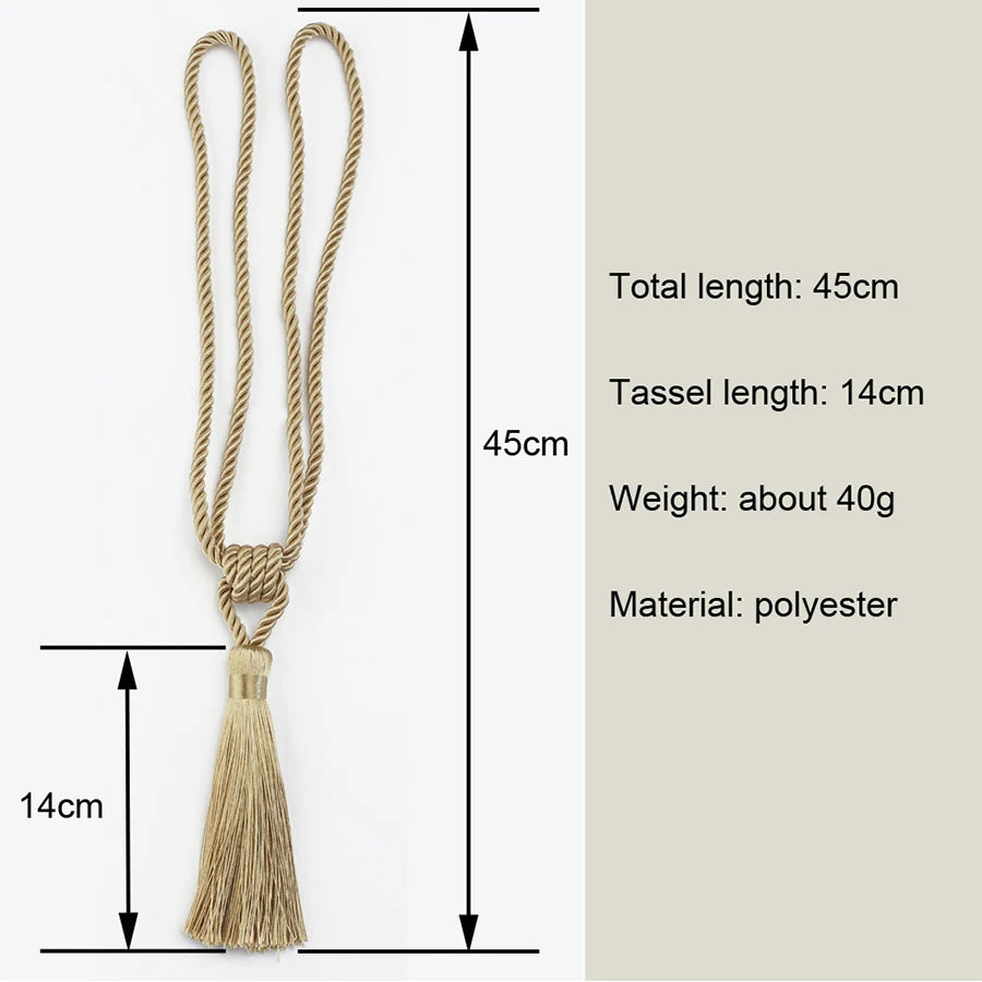A set of two beige polyester tassel curtain tiebacks with a total length of 45cm.