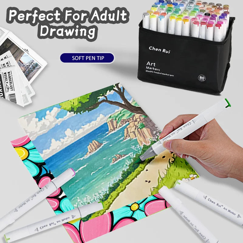 A set of dual-tip alcohol art markers with brush and chisel tips in various colors, shown next to an open marker set.