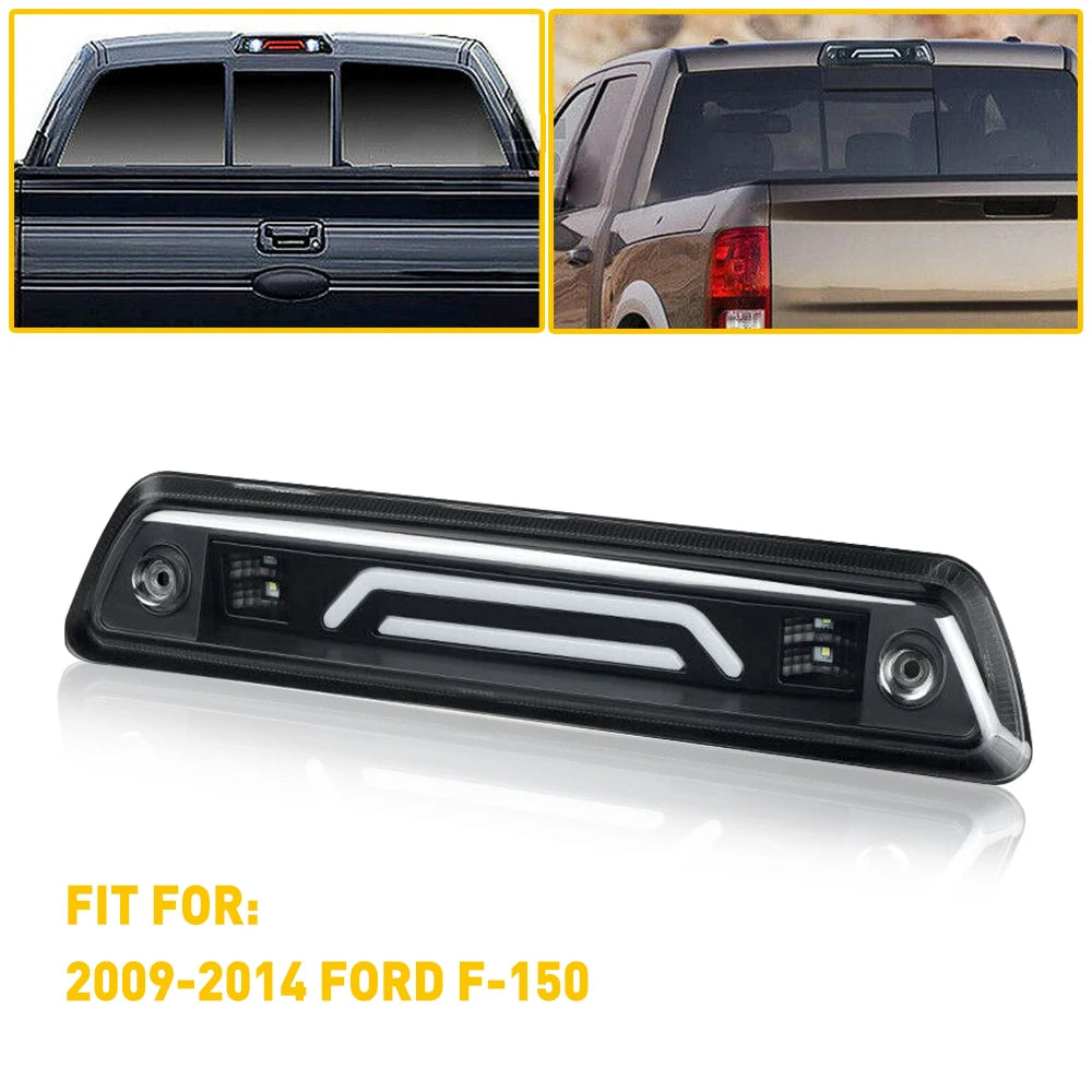 Smoked LED third brake light for a Ford F-150, shown in close-up and installed on the vehicle.