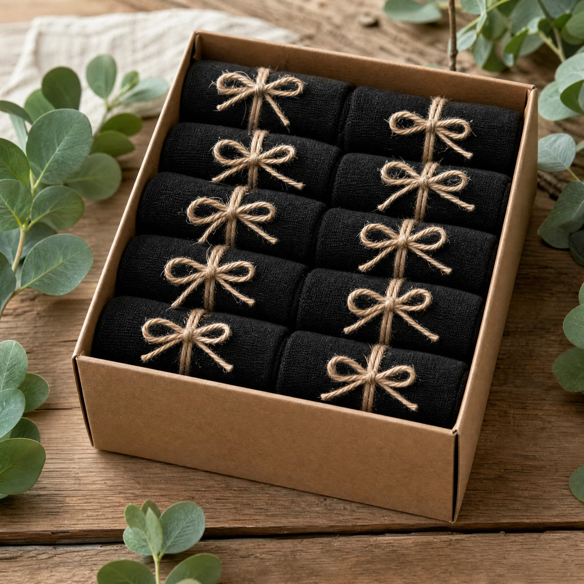 A box containing a pack of ten black microfiber cleaning towels tied with natural twine on a wooden surface.