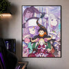 A vertical anime poster featuring multiple female characters from Re:Zero in a fantasy style.