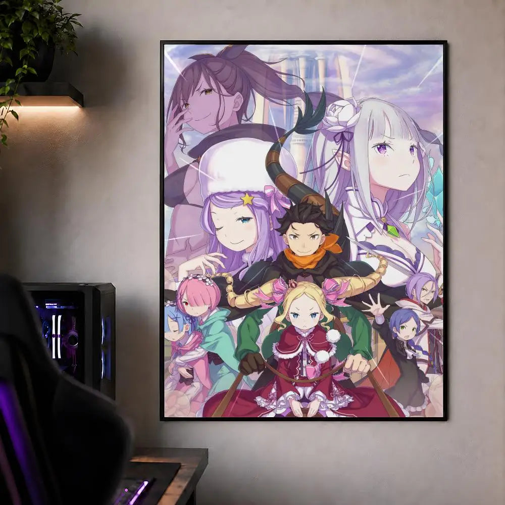 A vertical anime poster featuring multiple female characters from Re:Zero in a fantasy style.