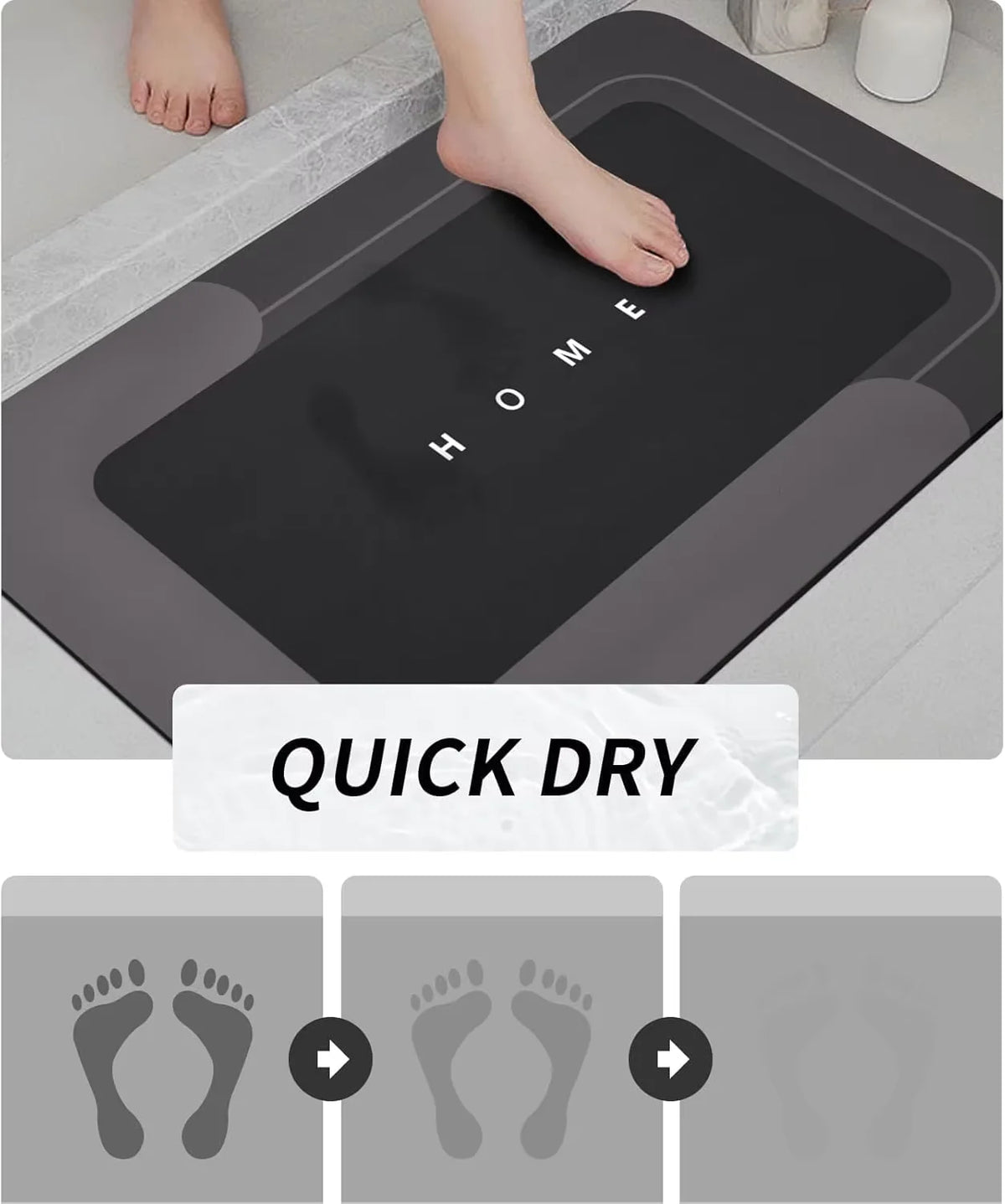 A black natural diatomium mud floor mat is shown being used in a bathroom, with a quick dry feature highlighted.