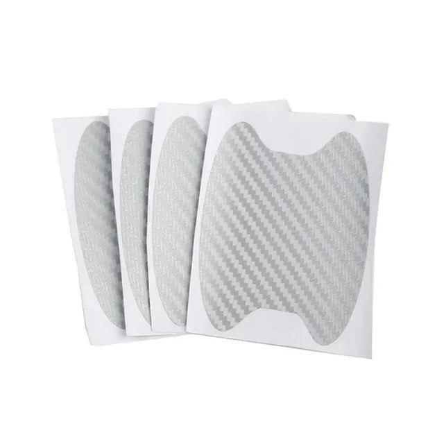 A pack of four carbon fiber door handle protector films displayed on a white background.