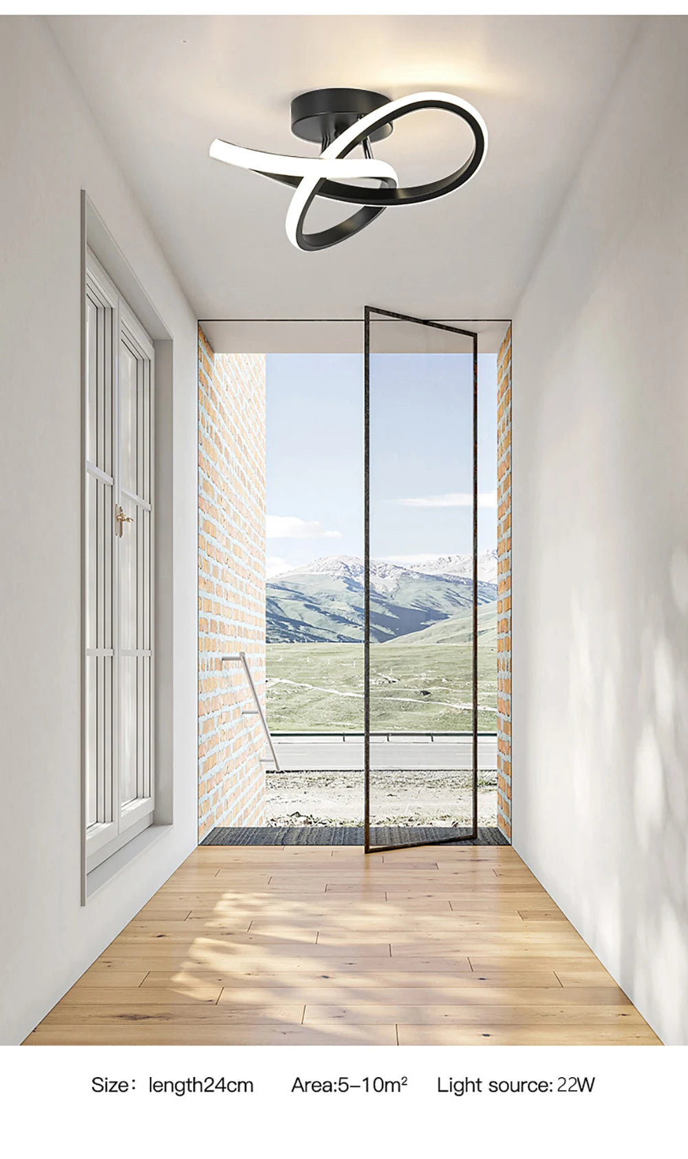 Modern clover LED ceiling light fixture installed in a bright room with a view of mountains.