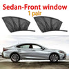 A pair of black sedan front windows sunshades with mosquito mesh shown next to a silver car.