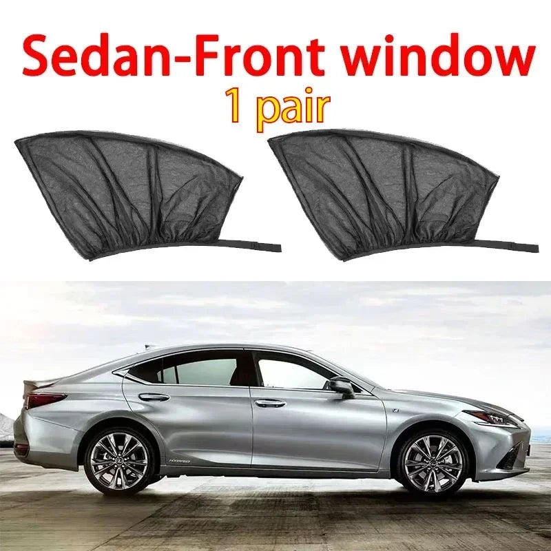 A pair of black sedan front windows sunshades with mosquito mesh shown next to a silver car.