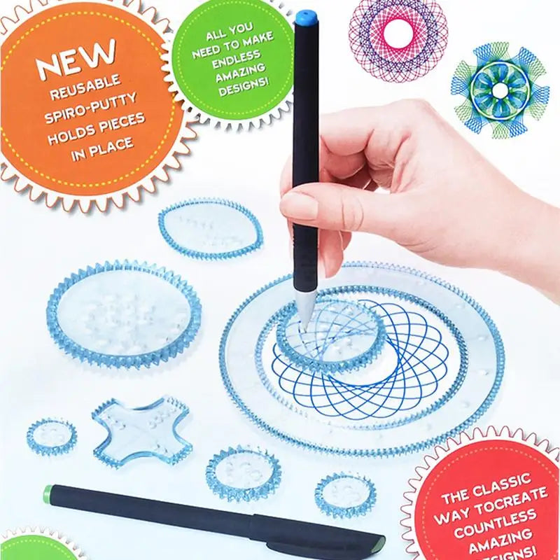 A hand holds a black pen drawing intricate blue spiral patterns on a clear glass plate, surrounded by various spiro-putty pie