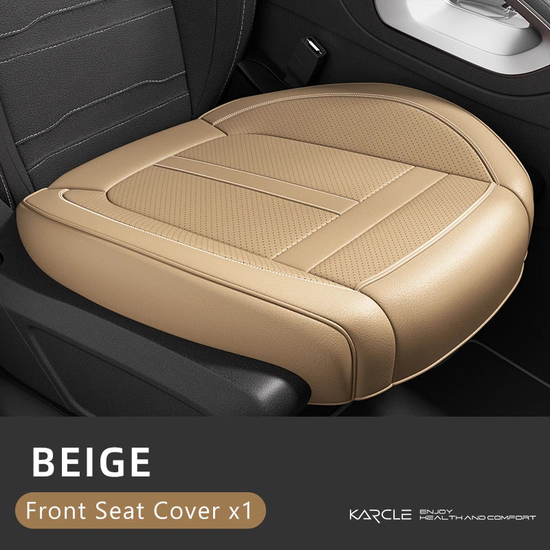 Beige front seat cover for a car seat, showing the leather texture and stitching.