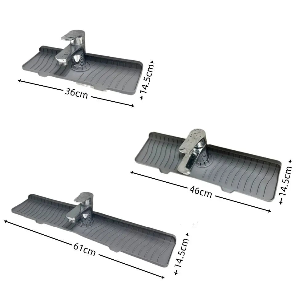 A silicone faucet splash mat used as a non-slip countertop water catcher, shown in various lengths.