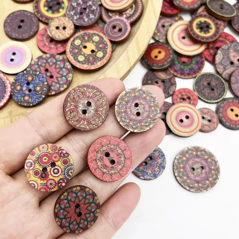Vintage Wooden Buttons Assortment with Floral Designs