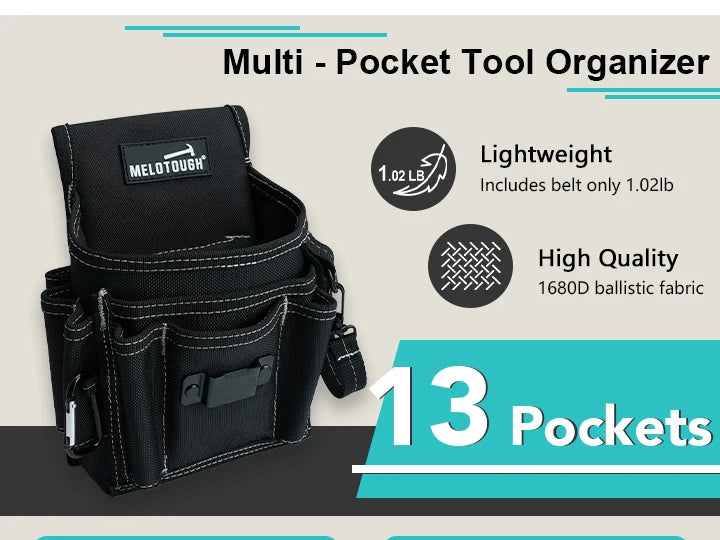 Black multi-pocket tool organizer featuring 13 pockets and lightweight ballistic fabric