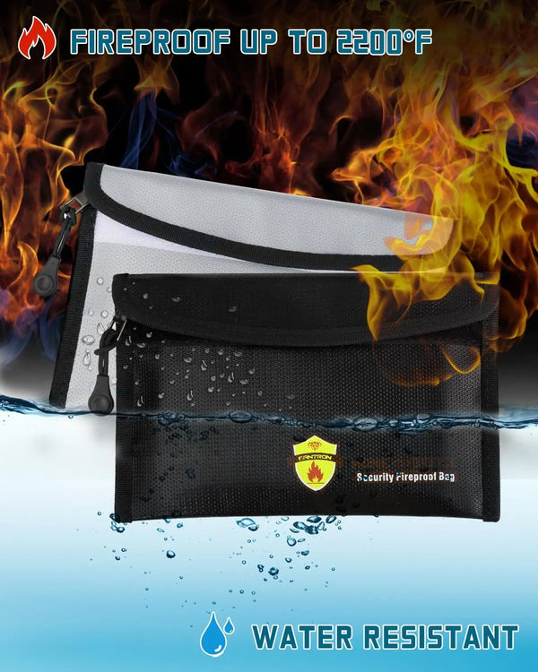 Schwarze und graue feuerfeste Taschen vor Flammen und Wassertropfen