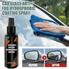 A bottle of car glass anti fog hydrophobic coating spray next to a blue microfiber cloth being applied to a car window.