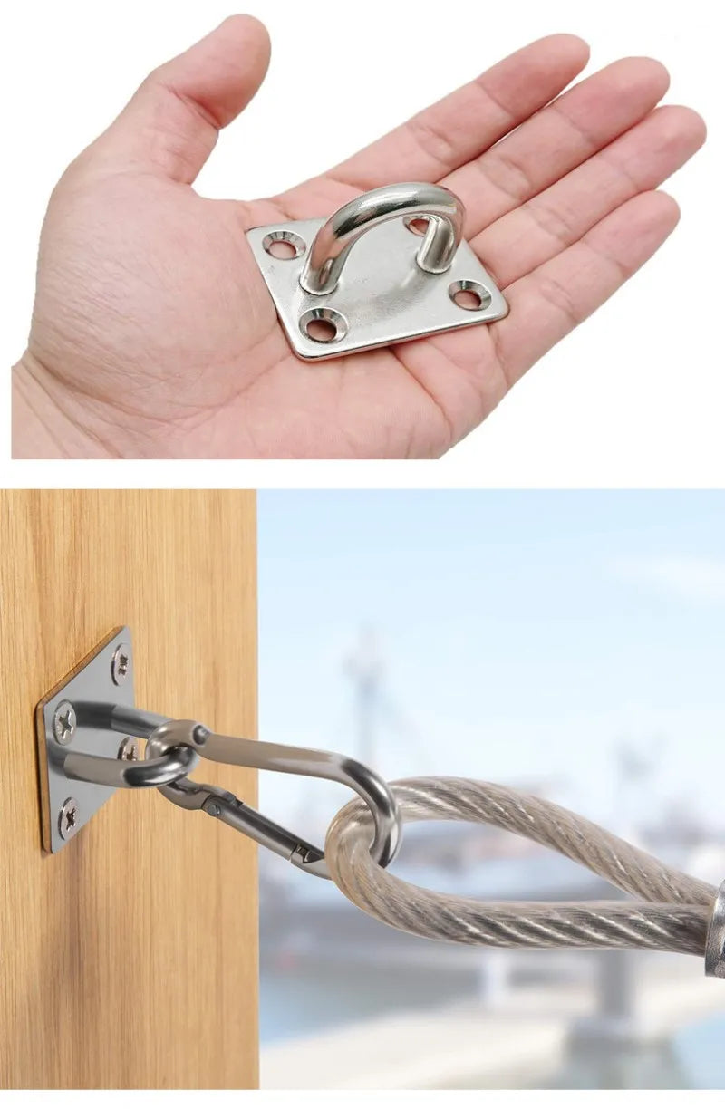 A hand holds a heavy-duty stainless steel ceiling mount hanging kit with a loop and mounting plate.