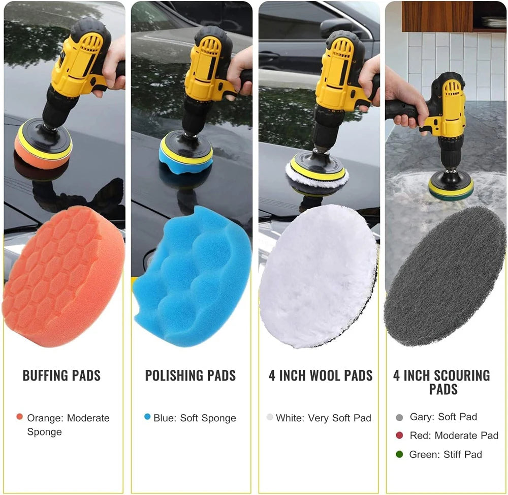 A set of 21 drill brush cleaning pads including buffing, polishing, wool, and scouring pads for home and auto detailing.