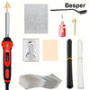 A set of plastic repair welding tools including a welder, hot stapler, and various plastic components.