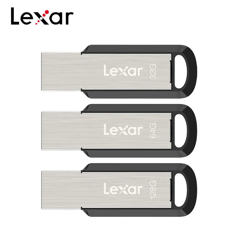 Three Lexar flash drives of different capacities 32GB, 64GB, and 128GB shown side by side.