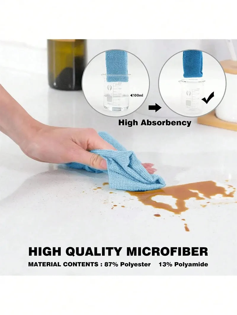 A hand is squeezing a blue microfiber towel, demonstrating high absorbency and quality material contents for kitchen cleaning