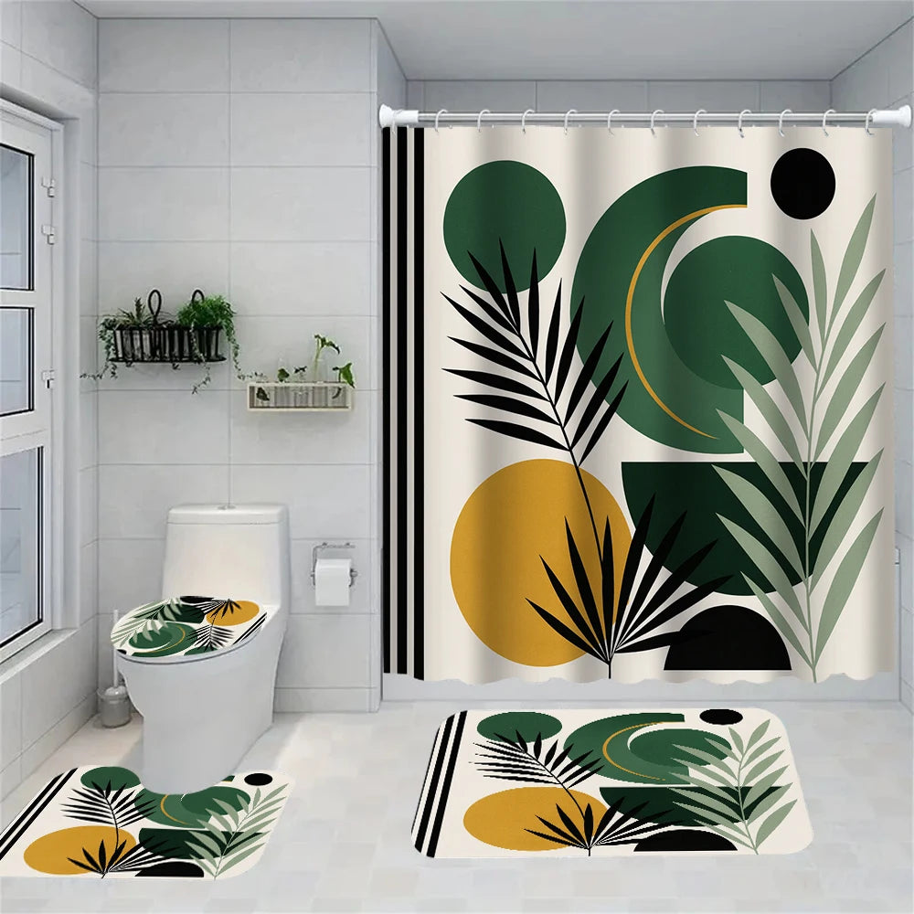 A bathroom shower curtain set featuring a floral pattern with large green and black leaves, yellow accents, and a matching ru